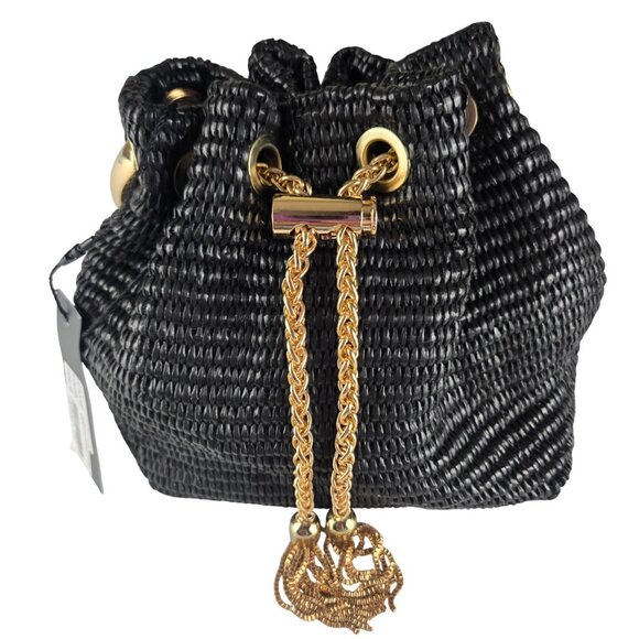 Liliana Handbags - Liliana Raffino Bucket Drawstring Bag Black Mesh Gold Hardware Crossbody